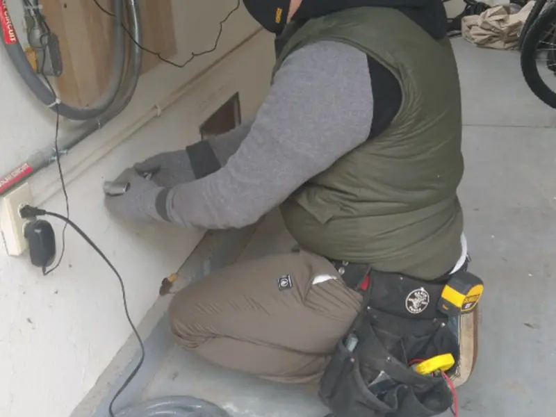 Electrician performing outlet wiring in a Raton garage